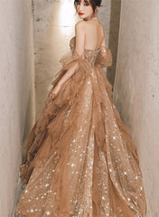 Champagne A-line Tulle Beaded Off Shoulder Prom Dress, Champagne Party Dress