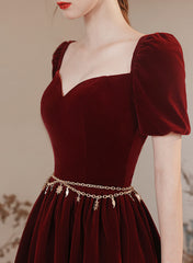 Wine Red Off Shoulder Velvet Long Party Dress, A-line Wine Red Sweetheart Prom Dress