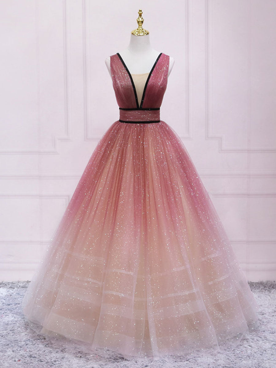 Simple v neck burgundy tulle long prom dress, tulle formal dress