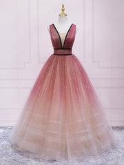 Simple v neck burgundy tulle long prom dress, tulle formal dress
