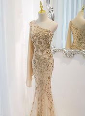 Lovely One Shoulder Champagne Sequins Mermaid Prom Dress, Champagne Evening Dress