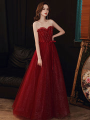 Burgundy A line tulle sequin long prom dress, burgundy evening dress