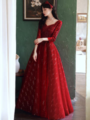 Wine Red Tulle with Lace A-line Beaded Long Party Dress, Wine Red Evening Dress