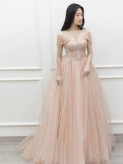 Pink off shoulder tulle lace long prom dress, pink formal dress