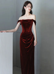 Wine Red Off Shoulder Scoop Long Party Dress, Wine Red Velvet Prom Dress