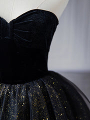 A-Line Sweetheart Neck Tulle Sequin Black Long Prom Dress, Black Formal Dress