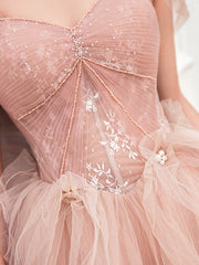 Pink sweetheart neck tulle long prom dress, pink tulle formal dress