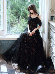Black A Line Off Shoulder Tulle Long Prom Dresses, Black Formal Evening Dress