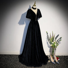Long Velvet V-neckline Floor Length Prom Dresses, Black Evening Wedding Party Dresses