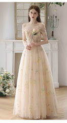Light Champagne Floral Tulle Off Shoulder Party Dress, A-line Floral Prom Dress