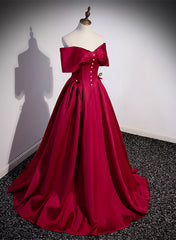 Wine Red Satin Sweetheart Long Evening Dress, Wine Red Satin Prom Dress