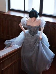 Gray A line tulle long prom dress gray tulle formal dress