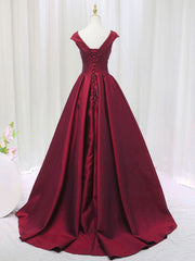 A-Line Satin V Neck Burgundy Long Prom Dress, Burgundy Formal Dresses