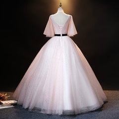 Lovely Pink Short Sleeves Tulle Ball Gown Shiny Sweet 16 Dress, Pink Formal Dress Party Dress