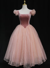 Pink Tulle and Velvet Short Sleeves Party Dress, Pink Tea Length Formal Dress