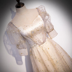 Light Champagne Short Sleeves Tulle Long Formal Dress, A-line Floor Length Party Dresses