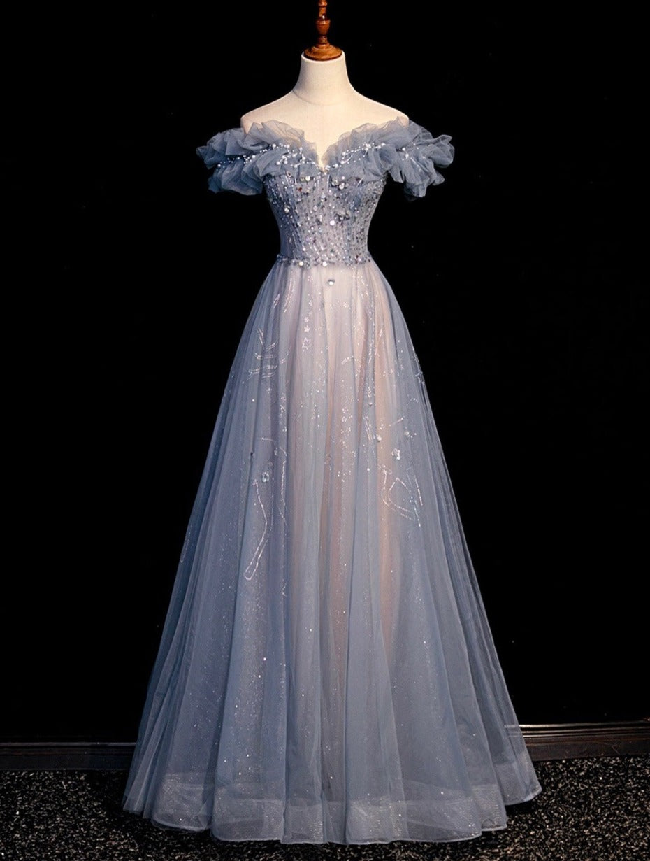 Beautiful Off Shoulder Puffy Sleeves Beaded Party Dress Prom Dress, Blue Evening Gown