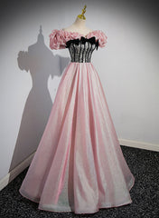 Pink A-line Off Shoulder Long Party Dress Prom Dress, Pink Sweetheart Evening Dress