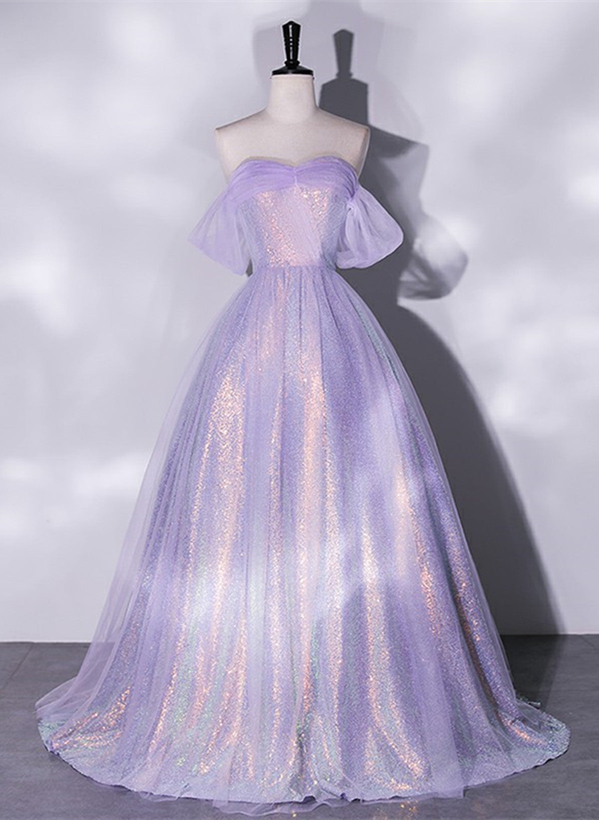 Lavender A-line Tulle and Sequins Prom Dress, Off Shoulder Tulle Evening Dress