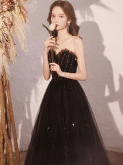 Black A line sequin long prom dress, black evening dress