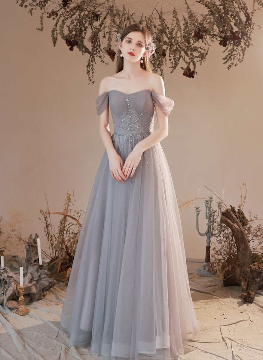 Grey Beaded Sweetheart Tulle A-line Off Shoulder Evening Dress, Grey Floor Length Prom Dress