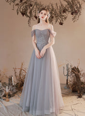 Grey Beaded Sweetheart Tulle A-line Off Shoulder Evening Dress, Grey Floor Length Prom Dress
