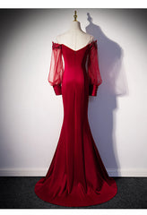 Burgundy Mermaid Long Sleeves Spandex with Lace Prom Dress, Burgundy Wedding Party Dress