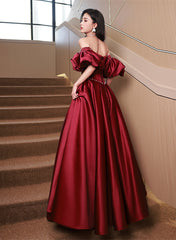 Wine Red Satin Beaded Chic Long Party Dress, Wine Red Puffy Sleeves Prom Dress
