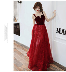 Wine Red A-line Floor Length Velvet and Tulle Straps  Evening Dress Prom Dress