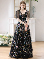 Black A-Line Tulle Lace Long Prom Dress, Black Long Evening Dress