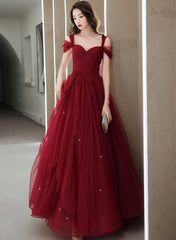 Wine Red Tulle Straps Sweetheart Long Party Dress, Wine Red A-line Prom Dress