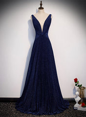 A-line Simple Navy Blue Long Evening Dress, Navy Blue V-neckline Prom Dress