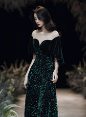 Dark Green Velvet and Sequins Mermaid Long Prom Dress, Dark Green Formal Dress