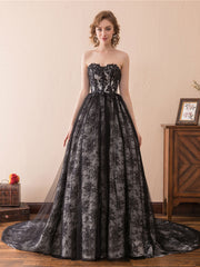 Black A line tulle lace long prom dress, black lace evening dress