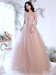 A Line Off Shoulder Pink Long Prom Dress, Pink Graduation Dress with Beading Lace