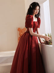 Lovely Wine Red Short Sleeves Organza Party Dress, A-line Wine Red Prom Dress