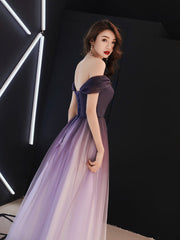 Beautiful Light Purple Gradient Tulle Long Formal Dress, Off Shoulder Prom Dress