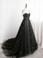 Black sweetheart neck tulle long prom dress A line black evening dress