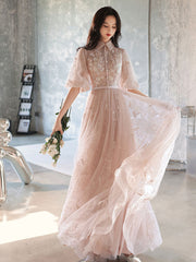 Champagne A-Line Tulle Lace Long Prom Dresses, Champagne Formal Dress