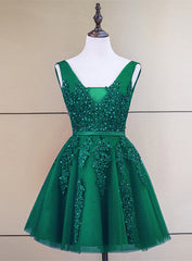 Cute Tulle V-neckline Beaded Short Prom Dress, Homecoming Dresses 2022