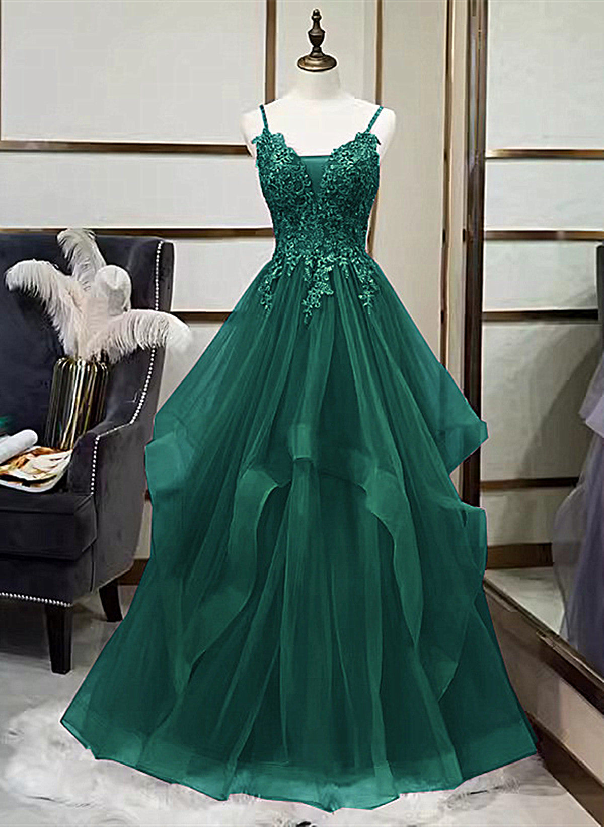 Green V-neckline Tulle with Lace Applique Prom Dress, Green Layers Tulle Party Dress