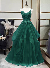Green V-neckline Tulle with Lace Applique Prom Dress, Green Layers Tulle Party Dress