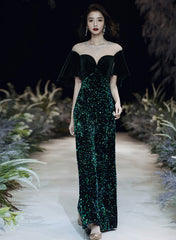 Dark Green Velvet and Sequins Mermaid Long Prom Dress, Dark Green Formal Dress