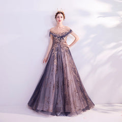 Shiny Purple Tulle Off Shoulder Party Dress with Lace, Long Purple Party Dresses