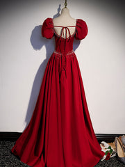 Burgundy A line satin beads long prom dress burgundy evening dress