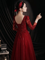 Wine Red Lace Long Sleeves Low Back Tulle Prom Dress, Wine Red Beaded Party Dress