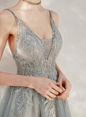 Tulle A-line Beaded Straps Long Party Dress, A-line Low Back Prom Dress