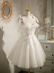 White sweetheart neck tulle lace short prom dress, white tulle formal dress