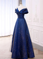 Blue Satin Long Simple Formal Dress, Blue Wedding Party Dress