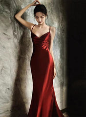 Wine Red Soft Satin Straps V-neckline Party Dress, Wine Red Evening Dress